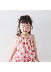 LM2022 Summer Girls Dress Ins European Style Girls Sweet Floral Sleeveless Lapel Lace Suspenders Children Tops Pants Suit