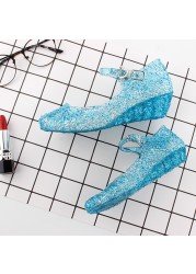 Kids Girl Frozen Jelly Sandals Summer Shoes Waterproof Princess Shoes Slippers PVC Cinderella Crystal Cosplay Accessories