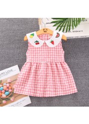 Summer Toddler Girls  Sweet Dress  2021 New Casual Fashion Kids Plaid Skirt Baby Peter Pan Collar with Fruit Printed Clothing