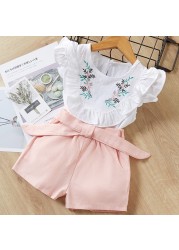 Menoea 2022 New Spring Summer Kids Girls Clothes Sets Fashion Flower Embroidery T-shirts+Bow Shorts 2Pcs Suits Children Clothing