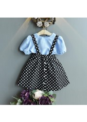 Summer 2022 Girl Suspender Set New Fashion Short Sleeve Polka Dot Girls Clothes College Elegant Set Kids Clothes