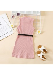 Girls Casual Dresses 2022 New Summer Kids Baby Solid Color Sleeveless Costumes Belt Bag Birthday Party Princess Vestidos