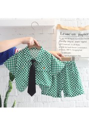 Summer cotton baby boy clothing sets infant birthday formal plaid shirt shorts 2pcs/set causal with tie tracksuit