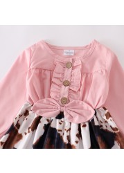 Girlymax Fall/Winter Baby Girls Children Clothing Pink Cow Print Denim Dress Milk Silk Boutique Long Sleeve Knee Length