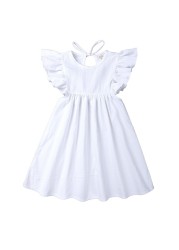 Solid White Girls Dress Ruffle Sleeve Kids Summer Clothes Baby Girls Linen Cotton Dresses A-line Casual O-neck Dress