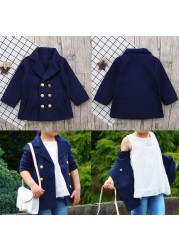 Fashion long sleeve lapel collar solid blue coat children girl suit collar coat spring and winter cute college style coat