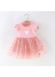 Summer Floral Ruffle Dress Toddler Baby Girls Floral Sleeve Heart Floral Print Dresses Sequins Tulle Princess Dress Party Dress