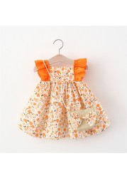 Summer Sleeveless Bowknot Dress Ruffles Floral Print Dress Bag Set Vacation Party Dress Toddler Infant Baby Girls Princess Dress