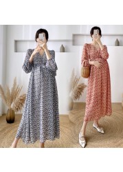 Spring Long Loose Pregnancy Floral Dresses Pregnant Women Clothes Loose Dress with Belt High Waist Maternity Chiffon Beach Dress