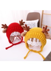 Cute Deer Elk Antlers Baby Hat Winter Warm Plush Knitted Ear Warmer Children Hat Bonnet Boys Girls Beanie Hat Christmas Hats