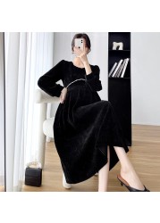 Spring Women Corduroy Pregnancy Women Dress Long Sleeve Maternity Long Dress Chic Ins Elegant A-Line Slim Clothes for Pregnant Women