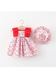 Toddler Infant Baby Girls Sleeveless Dress And Hat Set Cute Ruffles Floral Dress Summer Princess Dresses Vacation Party Dress