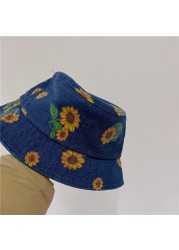 MILANCEL 2022 summer children's denim bucket hat sunflower print large brim hat