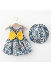 Baby Girls Dresses Vintage Floral Print Bow Princess Dress with Hat 2022 Summer Children 0-2 Years Kids Dress Girls Clothes
