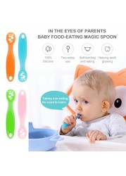 2pcs Lovely Baby Learning Spoon Set Baby Toddler Anti-slip Feeding Training Utensils Tableware Silicone Teether