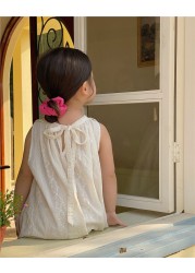 Deer Junmi 2022 Summer Girls Cotton Embroidery Dress Sleeveless Korean Style Dress Toddler Kids Beige Casual Dresses
