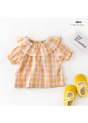 Summer Newborn Baby Shirts Twin Clothes Fashion Plaid Shirts Infant Peter Pan Neck Baby Shirts 0-3 Years