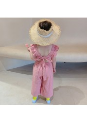 Summer Korean Cute Girls Jumpsuit Toddler Kids Open Back Sleeveless Clothes Wide Leg Pants
