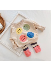 2022 spring kids clothes set cartoon long sleeve smile loose blouse and pants 2 piece suit