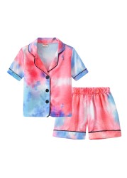 Children's gradient summer baby boy kids boys girls tie-dyed printed short-sleeved shorts home two-piece pajama set #g4