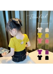 Girls T-shirt Kids Short Sleeve Back Bow-knot Baby Cotton Shirt Clothes 2022 Summer Chilren Hot Color Surface Tees