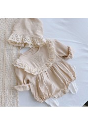 Spring Girls Jumpsuit+Hat Girls Clothes Princess Lace Long Sleeve Clothes Newborn Cotton Clothes 3-24 Months