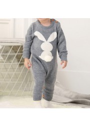 0-24M Newborn Cute Knitted Bunny Tail Patchwork Romper for Baby Boys Girls Weave Long Sleeve Jumpsuit Outfits Clothes