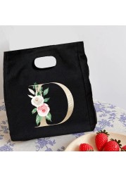 Rose Flower Letters A-Z Canvas Lunch Bag Harajuku Insulated Functional Thermal Pouch Cooler Bags for Women Funny Kid Picnic Box