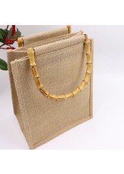 Portable Burlap Shopping Bag Jute Handbag Bamboo Ring Retro Carry Handles DIY Handbag Women Large Size Beach Bag for Girls