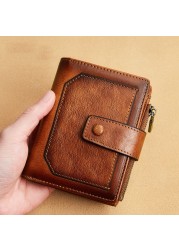 Vintage Men's Genuine Leather Wallet RFID Blocking Trifold Short Multifunction Money Clip Large Capacity Zipper Coin Purse