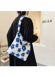 Stylish design plush flower pattern women tote bag handbags shoulder bag ladies large capacity simple fashion female bag