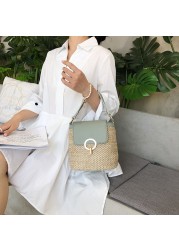 Women Bucket Casual Crossbody Bags Straw Weave PU Patchwork Top Handle Bags Summer Beach Female Flap Shoulder Messenger Bags