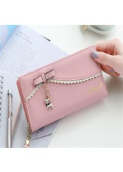 Women's Long Leather Wallet Card Holder Wallet With Cute Cat Pendant Cell Phone Pocket Wallet