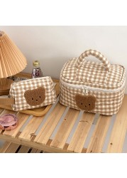 Cute Khaki Bear Makeup Bag Large Capacity Portable Cosmetic Bags Zipper Pure Cotton Plaid Brushes Pouch Case For Women Girls