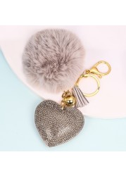 Rhinestone Pompom Heart Keychain Ladies Bag Hanging Room Car Pendant Decoration