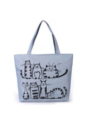 Women's Shopping Bag Cat Cartoon Printed Shoulder Bag Women Large Capacity Canvas Beach Bag Tote Ladies Shopping Bags