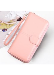 Leather Women Long Zipper Oil Wax Wallet Large Capacity Zipper Clip Wallet Ladies Long Wristlet Clutch Coin Card Holder Portomonee