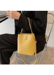 DIGERUI Women Fashion PU Leather Bucket Shoulder Bags Pure Color Messenger Bag Female Tote Crossbody Bag Chain Casual Handbags