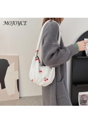 Female Fashion Cherry Pattern Shoulder Bag Winter Mobile Phone Top Handle Bag Warm Plush Tote Decorative Handbag