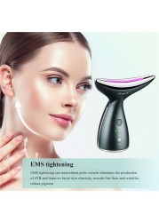 CkeyiN Microcurrent Neck Face Lift Machine 3 Color LED Photon Heating Therapy EMS Vibration Facial Slimmer Anti Wrinkle Massager