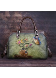 OYIXINGER Vintage Women Bag Genuine Leather Retro Women Shoulder Bags China Style Handmade Ladies Handbag Embossed Boston Bags