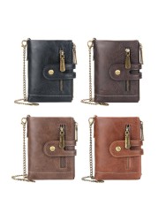 High Quality Men's Wallet PU Leather Short Male Wallet Multi-Card Male Wallet Zipper Pouch Retro Three Fold Chain Money Bag