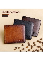 Men's Rfid Blocking Genuine Leather Bifold Wallet Vintage Slim Short Multifunctional Large Capacity Cowhide Wallet Money Clip