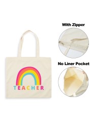 Best Teacher Ever Rainbow Women Canvas Shopping Bag Teacher Life Reusable Aesthetic Eco Tote Shoulder Bags Storage Travel Gift Bag