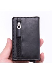 DIENQI Anti Rfid ID Card Holder Case Men Leather Metal Wallet Male Coin Purse Women Mini Carbon Credit Card Holder With Zipper