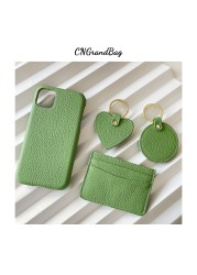 New Custom Gift Set Genuine Pebbled Leather Mobile Phone Case for 12 13 Pro Max Matched Circle/Heart Key Chain Card Holder