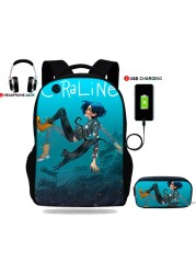 Teenager Backpack Coraline Print School Bag USB Charging For School