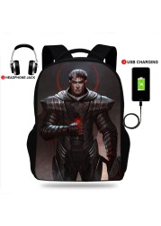 USB Charge Student Backpack Kids Berserk Guts Manga Swordsman School Bag Teenagers Anime Backpack Adult Travel Laptop Mochila