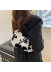 Women Soft Plush Shoulder Bags Cow Print Bags 2021 Winter Quilted Plaid Small Handbag Female Warm Faux Fur Fluffy Tote Bags