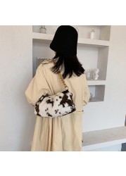 INS Fashion Women Winter Cloud Bag Cow Print Soft Plush Shoulder Bag Female Thick Chain Handbags Ladies Warm Fur Underarm Bags